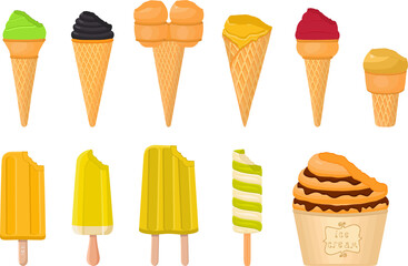 big kit ice cream popsicle different types in cone waffle cup