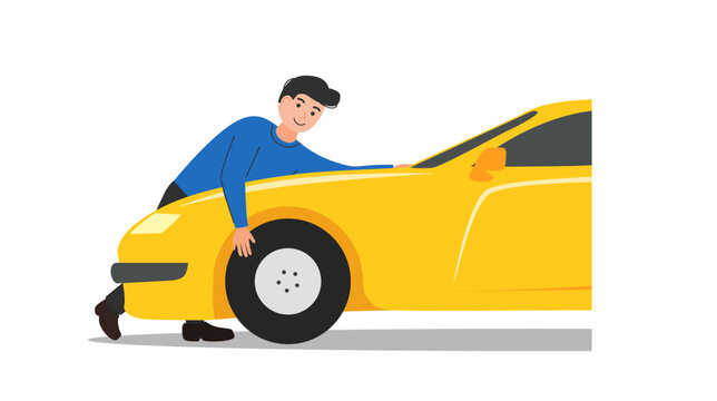 Young happy man embracing his new car.  Vector illustration