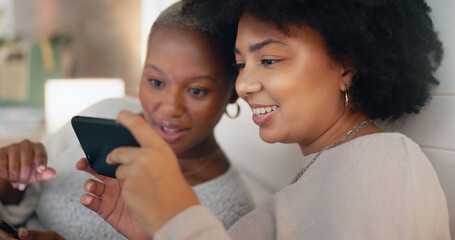 Phone chat, web social media and friends happy in communication on the internet, search on mobile app and talking with technology on the sofa. Black women with smile for smartphone in the house