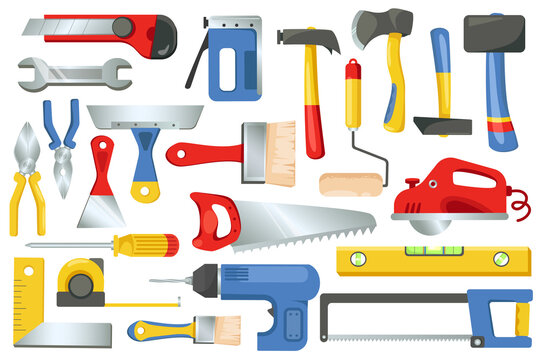 Building and repair tools set graphic elements in flat design. Bundle of hammer, paint roller, axe, tape measure, brush, wrench, pliers, screwdriver, saw and other. Illustration isolated objects