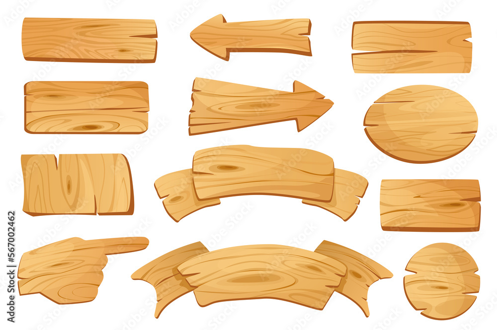 Poster Wooden banners set graphic elements in flat design. Bundle of empty cartoon plaques, arrows guidepost, billboards, direction signposts and pointers templates. Illustration isolated objects