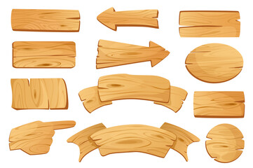 Wooden banners set graphic elements in flat design. Bundle of empty cartoon plaques, arrows guidepost, billboards, direction signposts and pointers templates. Illustration isolated objects