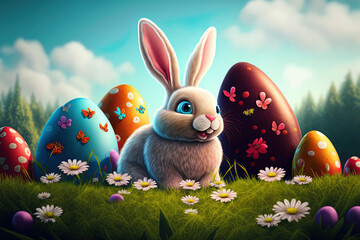 Easter bunny rabbit among many colorful eggs. Cartoon style digital artwork. Happy Easte. Ai Generative