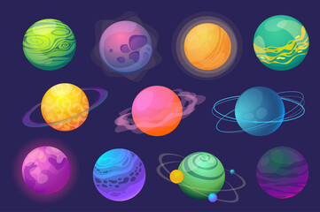Fantasy planets set graphic elements in flat design. Bundle of colourful abstract cosmic planets with orbits, holes, satellites and rings for fantastic galaxy. Illustration isolated objects