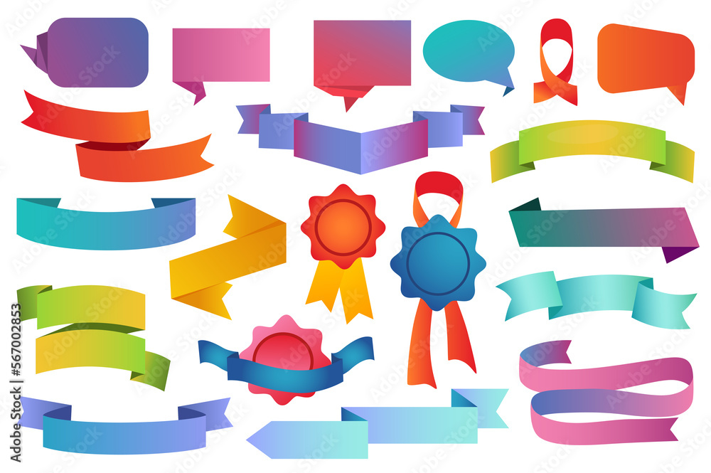 Aufkleber ribbons and badges set graphic elements in flat design. bundle of different colorful cartoon swirl a