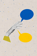 Vertical collage illustration of black white effect human arm blue yellow dialogue bubbles chatting...