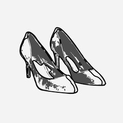 Black and white sketch of a woman's shoe design with transparent background