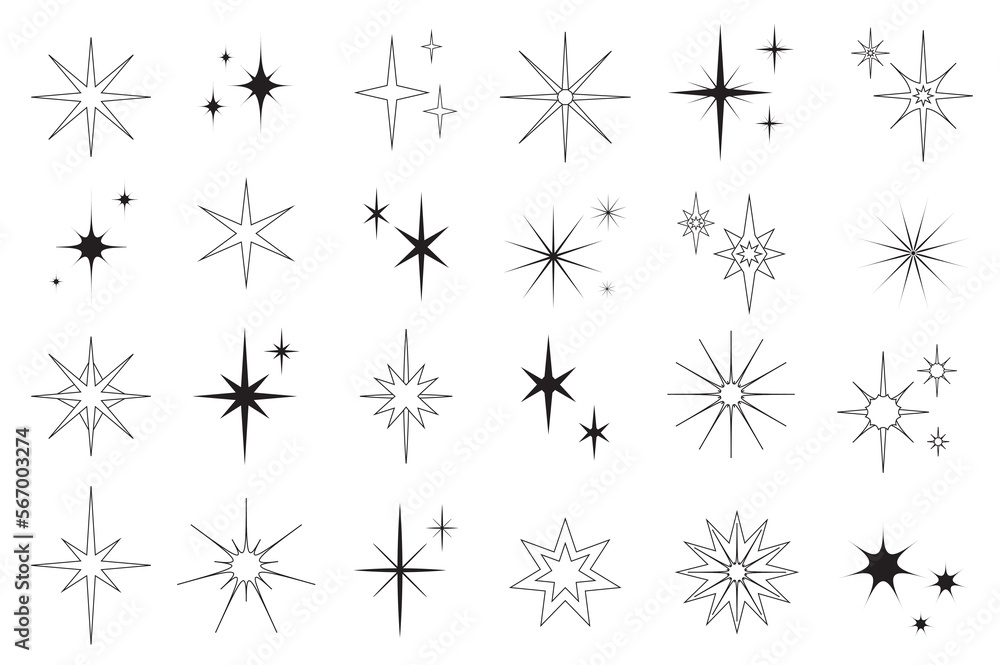 Aufkleber Line stars set graphic elements in flat design. Bundle of minimalistic linear black symbols of starry night, falling star, firework in sky, Christmas decorations. Illustration isolated objects