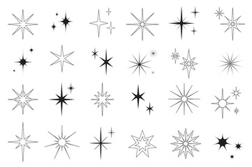 Line stars set graphic elements in flat design. Bundle of minimalistic linear black symbols of starry night, falling star, firework in sky, Christmas decorations. Illustration isolated objects