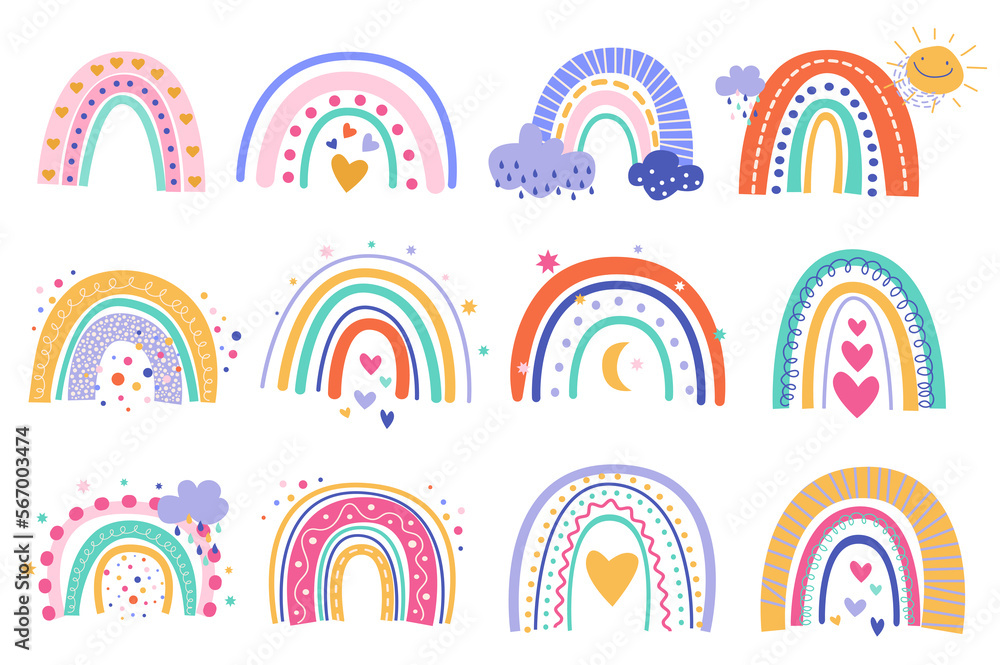 Poster cute abstract rainbows set graphic elements in flat design. bundle of different rainbows with hearts