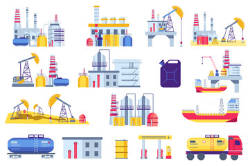 Oil production plants set graphic elements in flat design. Bundle of processing and production petrol and gas machinery, drilling industrial pumps and refinery. Illustration isolated objects