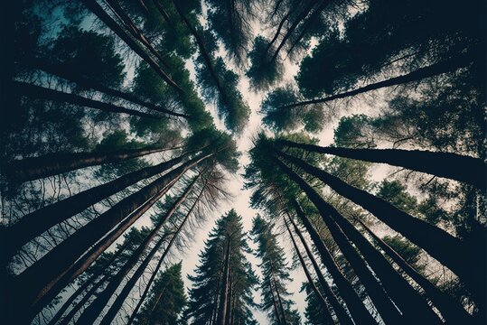a snapshot of a forest with towering trees taken from the ground Generative AI © LukaszDesign