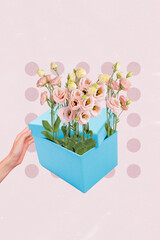Collage photo poster of stack pink beautiful fresh bloom growing roses inside blue order giftbox...