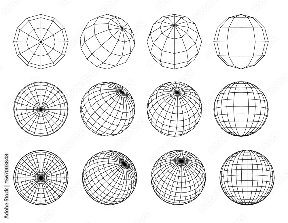 Leinwandbilder wireframe sphere with different structure of mesh frame isolated png. abstract grid globes in differ