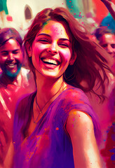 Cheerful happy woman celebrating Holi holiday, folk festival of colors in Nepal and India. Symbolizes arrival of spring, the expulsion of evil and the rebirth of life. Generative AI abstract painting - obrazy, fototapety, plakaty