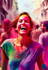 Fotobehang Laughing happy woman celebrating Holi holiday, folk festival of colors in Nepal and India. Symbolizes arrival of spring, the expulsion of evil and the rebirth of life. Generative AI abstract painting © Alex Tihonov