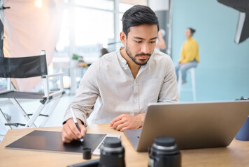 Graphic tablet, laptop and photography man editing photoshoot, focus on digital art or retouching artistic photo. Vision, professional design pen and creative photographer working on camera process