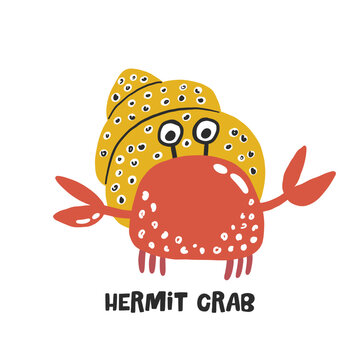 Hermit crab. Hand drawn vector cartoon illustration for kids. Amusing Sea Animal
