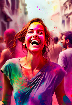 Laughing happy woman celebrating Holi holiday, folk festival of colors in Nepal and India. Symbolizes arrival of spring, the expulsion of evil and the rebirth of life. Generative AI abstract painting