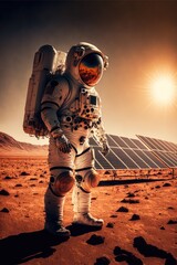 astronaut in space and mars setting up solar panels made with generative ai