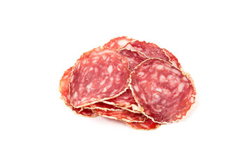 Slices of salami sausage on a white background