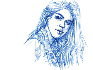 sketch of a portrait girl pen drawing for card decoration illustration