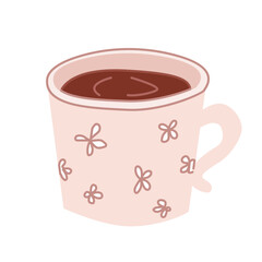 Hand-drawn isolated clip art illustration of a pink mug with coffee or black tea