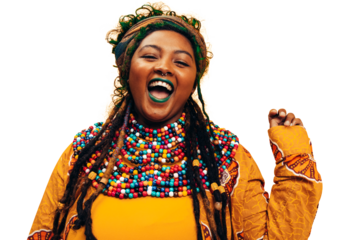 Woman smiling excitedly while wearing African traditional clothing on a transparent background