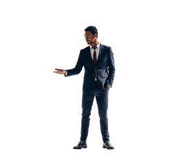 Businessman holding out his palm on a transparent background