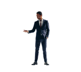 Businessman holding out his palm on a transparent background