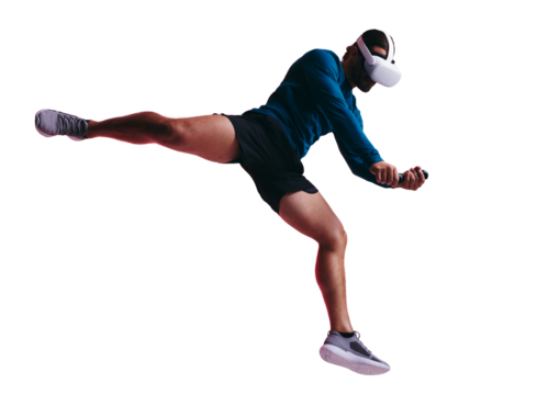 Male virtual reality gamer isolated on a transparent background
