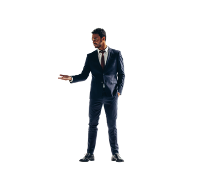 Businessman holding out his palm on a transparent background - Powered by Adobe