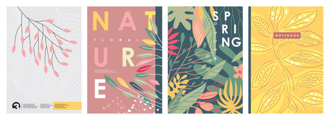 Floral backgrounds set with various leaves, plants and flowers  shapes. Spring and nature covers and brochure pages vector illustration.