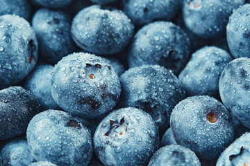 Selected blueberries with water drops close-up. Blue background.