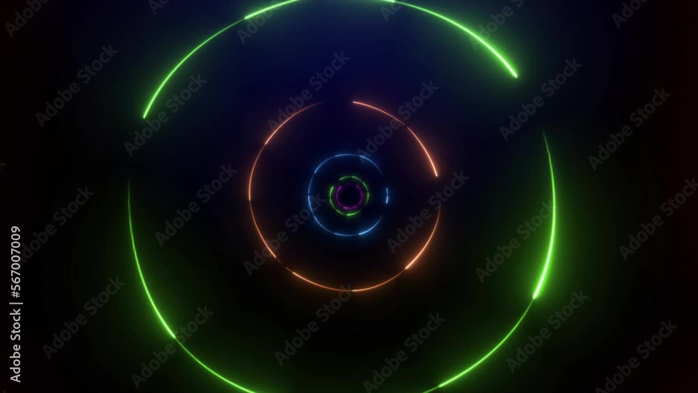 Poster camera flying through neon circle tunnel background. round circle tunnel and cooler changing neon li