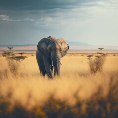 An elephant alone on the savannah.