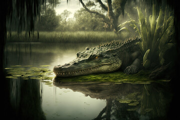 crocodile in swamp water. generative ai - obrazy, fototapety, plakaty