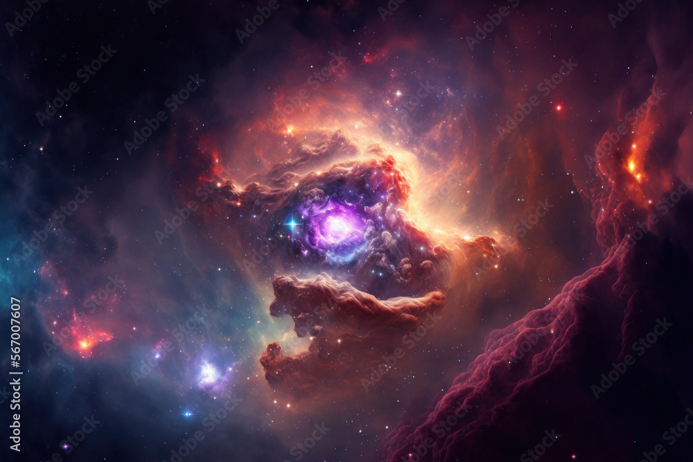 Poster nebula and stars in deep space, glowing mysterious universe. generative ai
