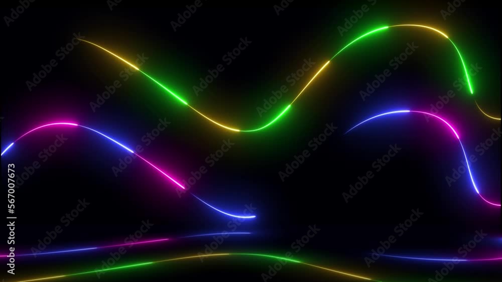 Poster neon line wave on reflection effects on black background. abstract futuristic neon line background. 
