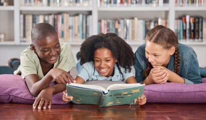 Children in library, book and reading with learning and education, happy with friends and academic growth. Knowledge, information and development with young students, learn with school group
