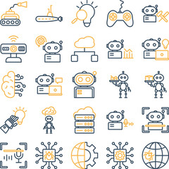 Artificial intelligence icons set, Artificial intelligence vector icons, Artificial icons pack, Ai Vector icons, Robotic vector icons, Artificial technology icon set, Artificial line dual icons set