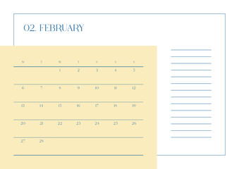 February 2023 simple design digital and printable calendar template illustration. Notes, scheduler, diary, calendar, memo, planner document template background. 