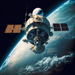satellite in orbit in space. telecommunication technology. generative ai