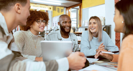 Teamwork, education or students with tablet in library for research, collaboration or project management. Group, happy or university people smile on tech for learning, scholarship study or web search