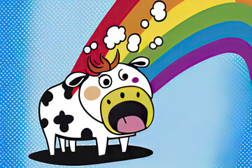 Naklejka premium cartoon of a bored cow yawning with a rainbow coming out of it's mouth