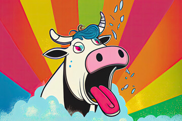 cartoon of a bored cow yawning with a rainbow coming out of it's mouth