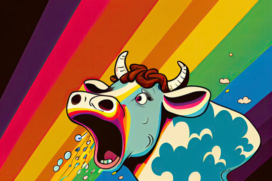 cartoon of a bored cow yawning with a rainbow coming out of it's mouth