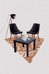 Creative trend collage of stylish trendy interior design concept two black leather chairs table...