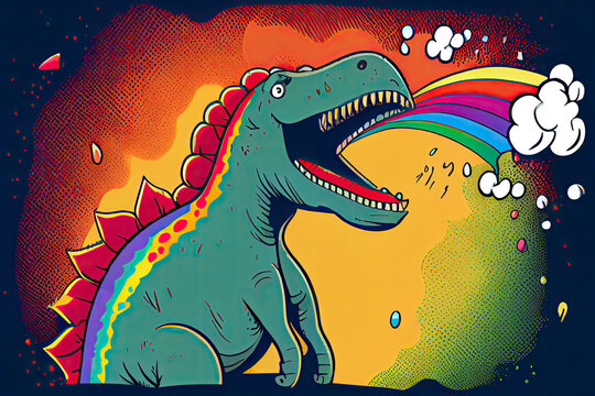 cartoon of a bored dinosaur yawning with a rainbow coming out of it's mouth