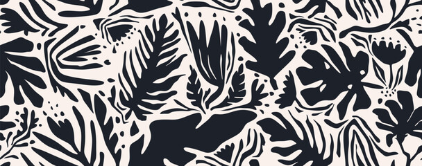 Hand drawn minimal abstract organic shapes seamless pattern, leaves and flowers. 
